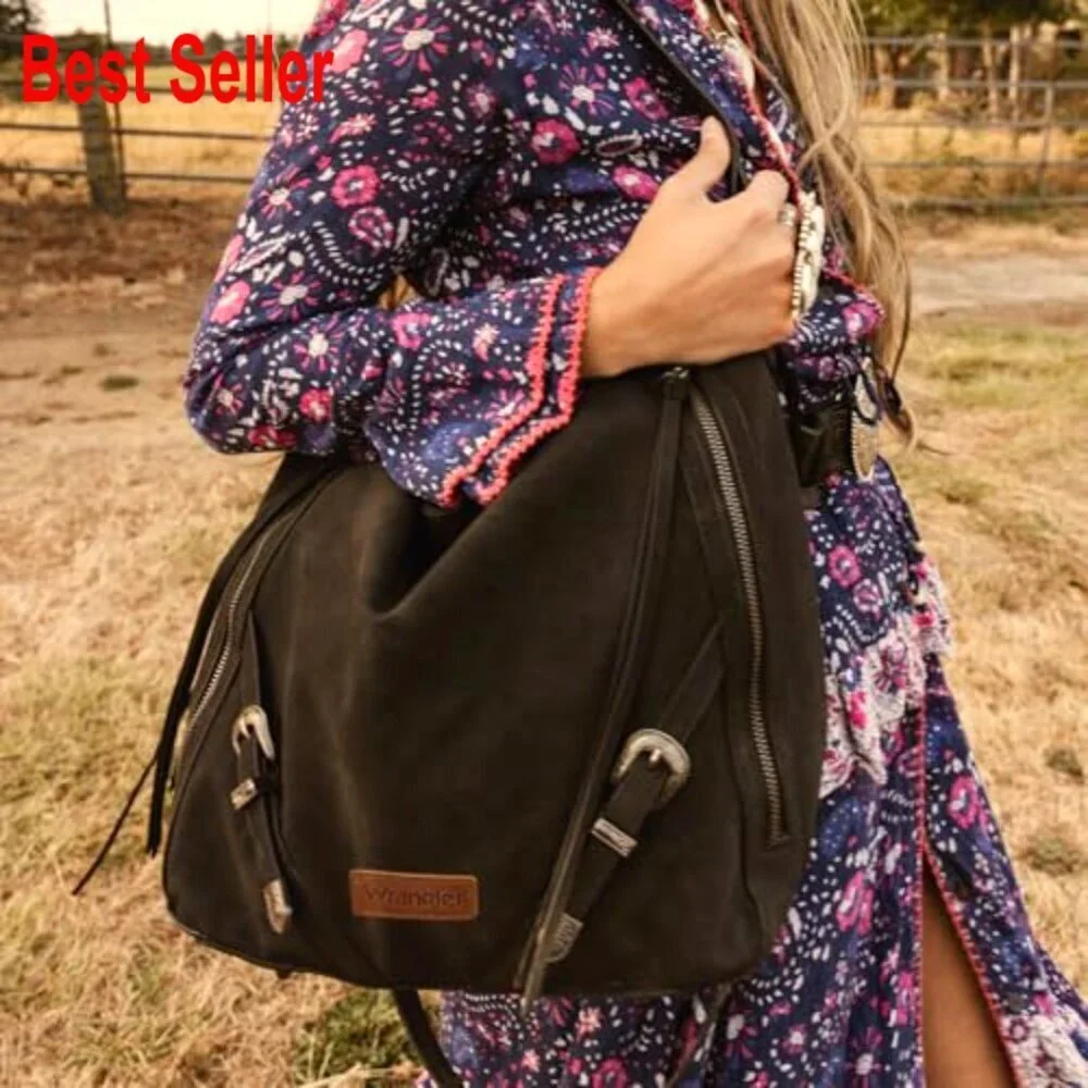 Large Hobo Shoulder Bag with Fringe and Buckle Details Faux Suede